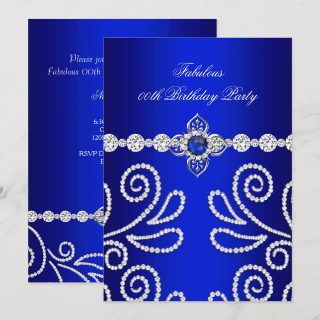 Invitation Elégante Royal Blue Diamond Pearl fête d'anniversa (Devant / Derrière)