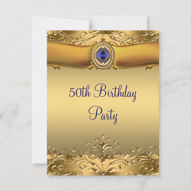 Invitation Elégante Royal Blue et Gold 50e fête d'anniversair (Devant)