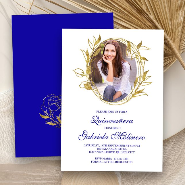 Invitation Elégante Royal Blue et Gold Photo Quinceanera (Quinceanera Photo Invitation from my Elegant Gold Flowers Quinceanera Collection)