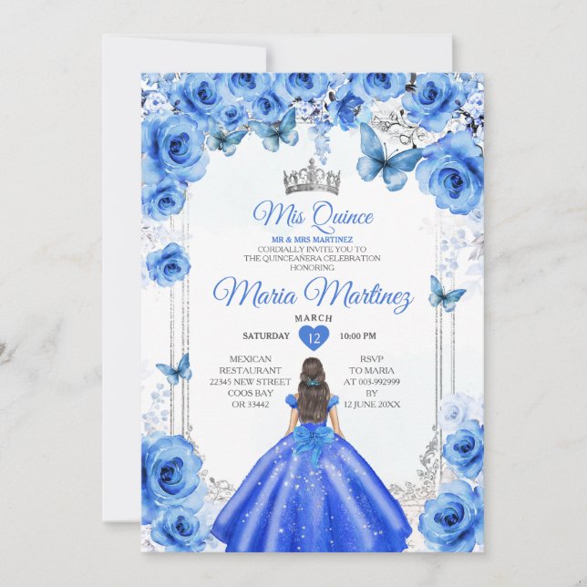 Invitation Elégante Royal Blue Floral Princess Mis Quince (Devant)