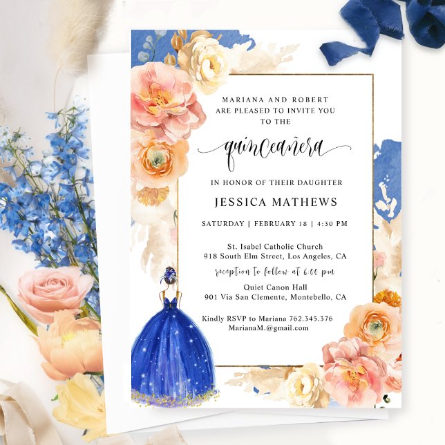 Invitation Elégante Royal Blue Floral Princesse Quinceañera (Créateur téléchargé)