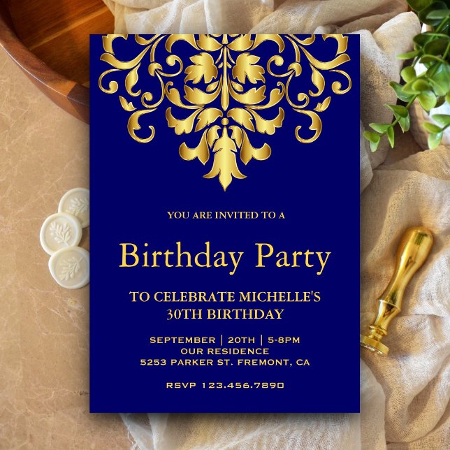 Invitation Elégante Royal Blue Gold Damask fête d'anniversair (Créateur téléchargé)