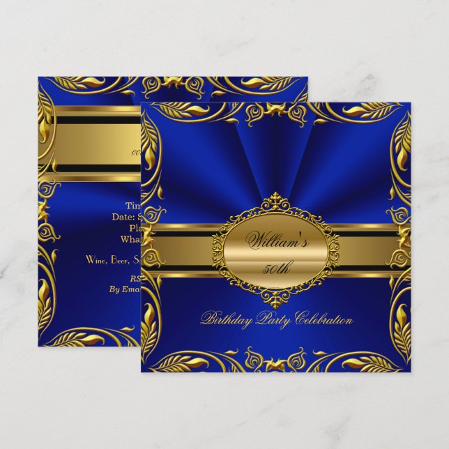 Invitation Elégante Royal Blue Gold fête d'anniversaire Flora (Devant / Derrière)