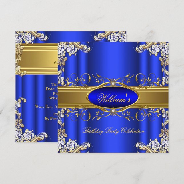 Invitation Elégante Royal Blue Gold fête d'anniversaire Flora (Devant / Derrière)