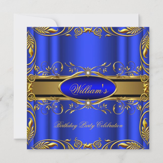 Invitation Elégante Royal Blue Gold fête d'anniversaire Flora (Devant)