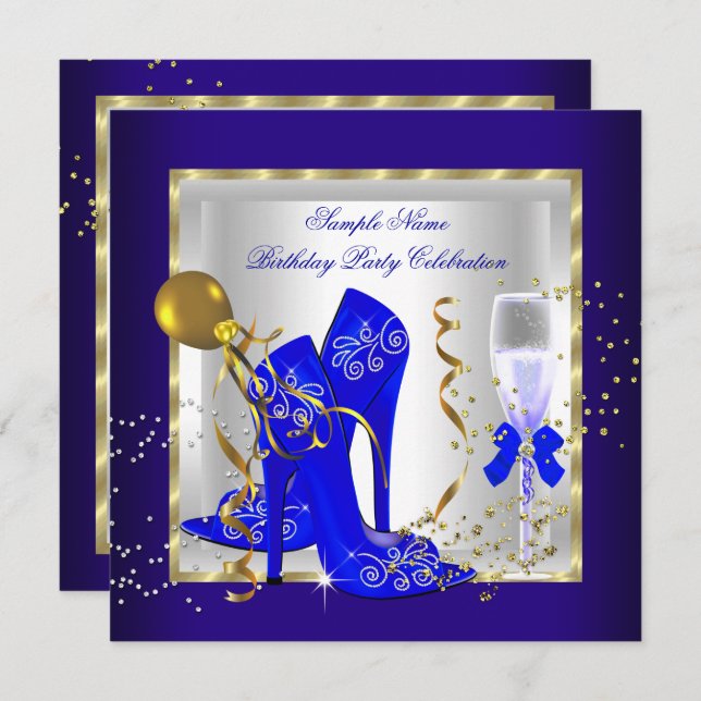 Invitation Elégante Royal Blue Gold Parties scintillant fête  (Devant / Derrière)