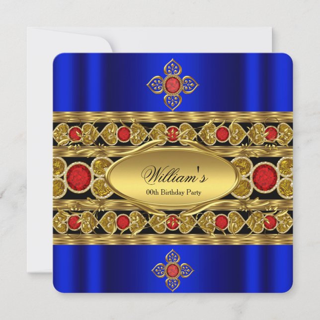 Invitation Elégante Royal Blue Gold Red Gems fête d'anniversa (Devant)
