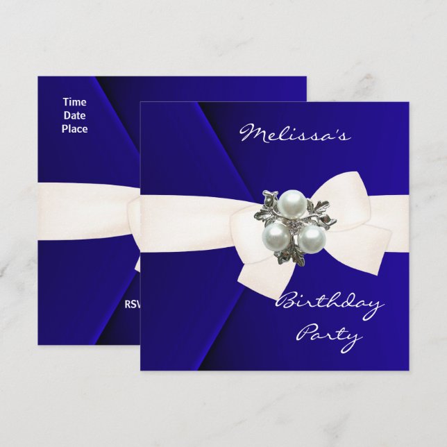 Invitation Elégante Royal Blue Velvet Pearl (Devant / Derrière)