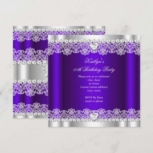 Invitation Elégante Royal Purple Lace Soie Anniversaire (Devant / Derrière)