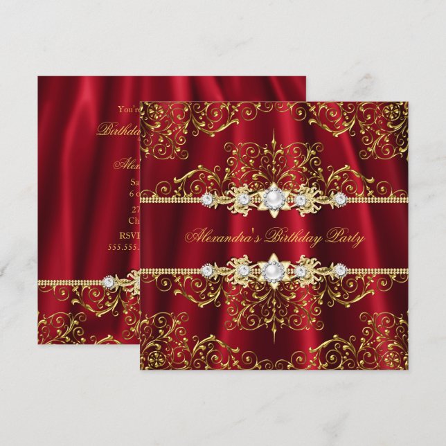 Invitation Elégante Royal Red & Gold Damask Anniversaire Part (Devant / Derrière)