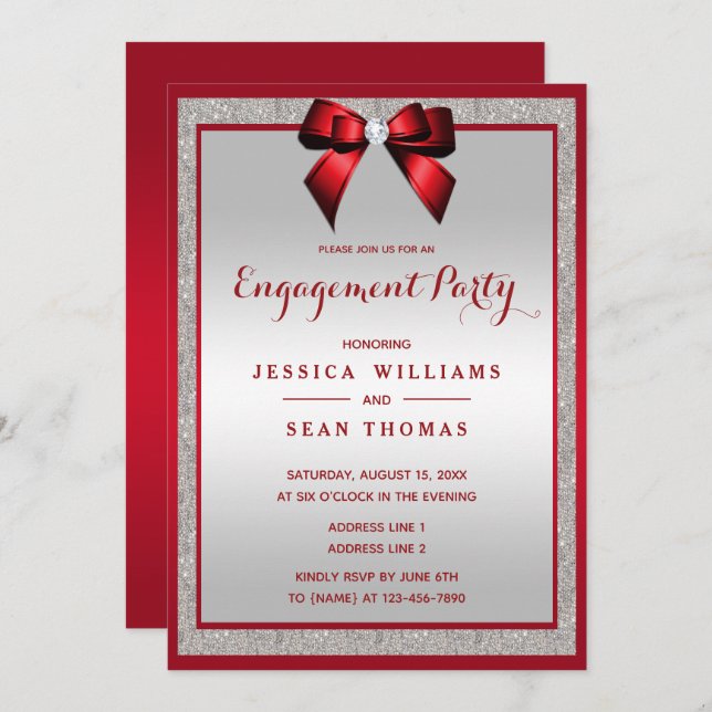 Invitation Elégante Ruby Red & Silver Parties scintillant Eng (Devant / Derrière)