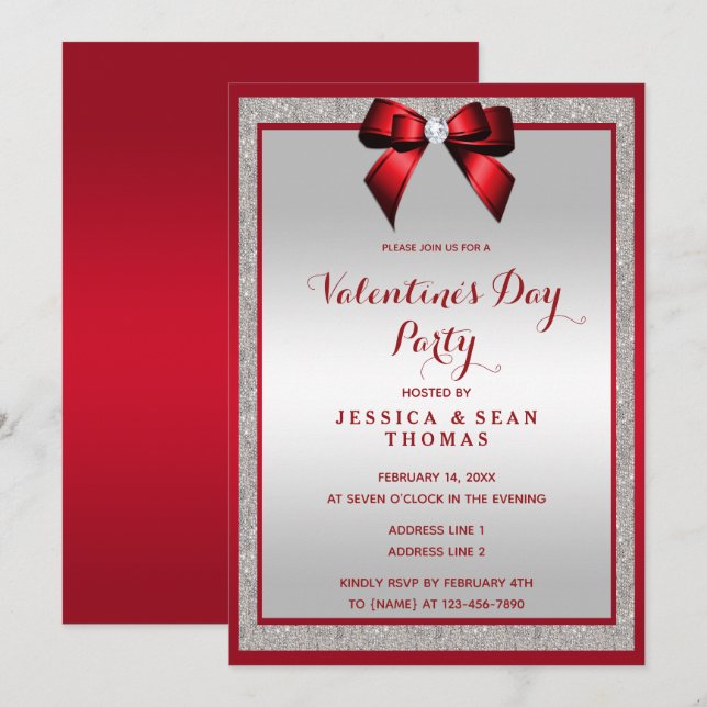 Invitation Elégante Ruby Red & Silver Parties scintillant Sai (Devant / Derrière)