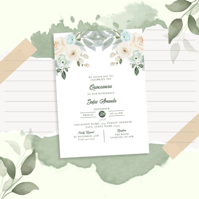 Invitation Elégante Sage Green Floral Princesse Quinceañera (Créateur téléchargé)