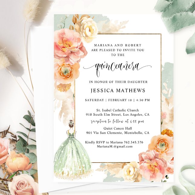 Invitation Elégante Sage Green Floral Princesse Quinceañera (Créateur téléchargé)