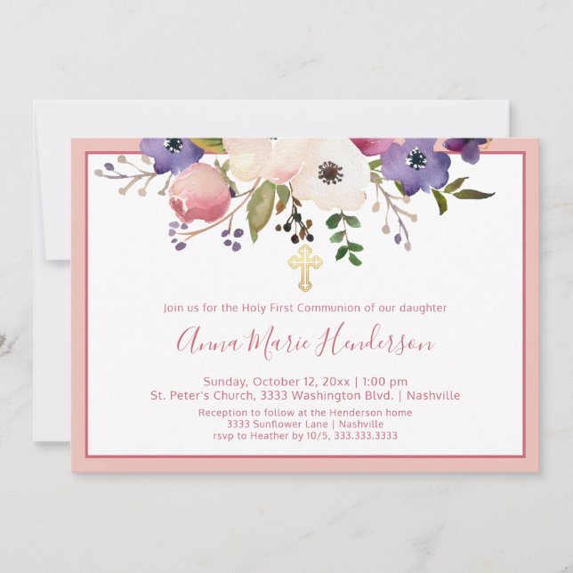 Invitation Élégante Sainte Première Communion Rose Floral Gir (Devant)