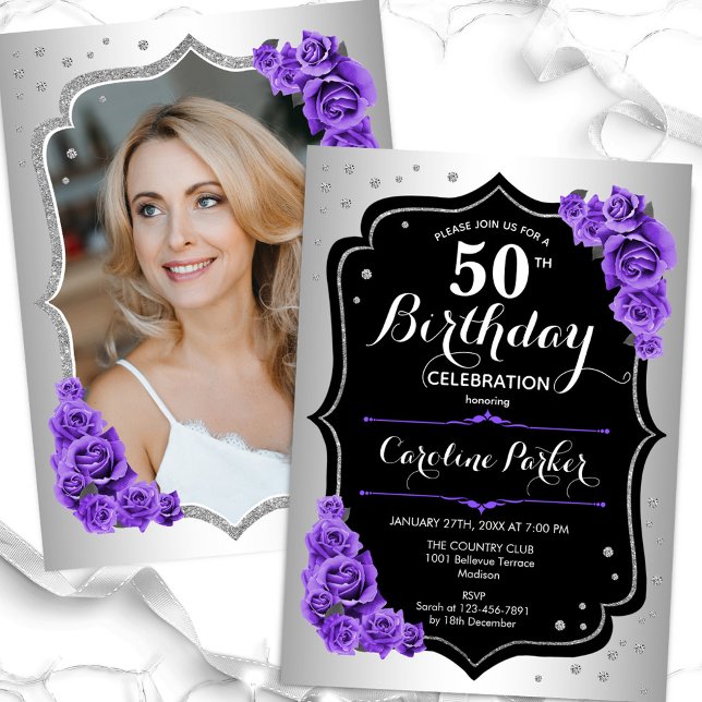 Invitation Elégante Silver Black Purple Photo 50e anniversair (Créateur téléchargé)
