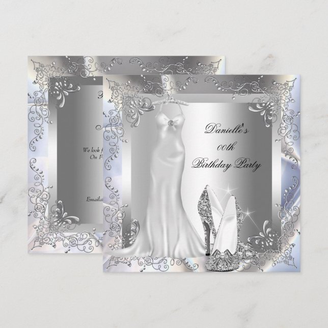 Invitation Elégante Silver Blanc Haut talon Chaussure Anniver (Devant / Derrière)