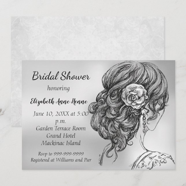 Invitation Elégante Silver Bridal Showeuse (Devant / Derrière)