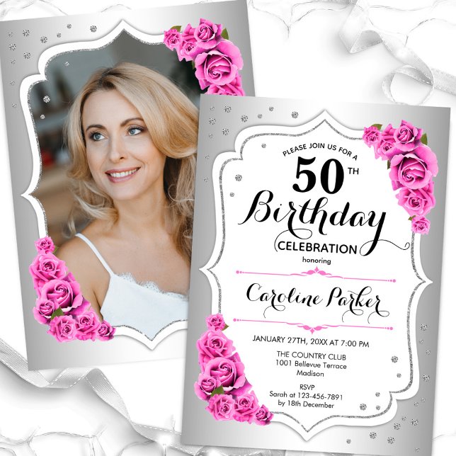 Invitation Elégante Silver White Pink Photo 50e anniversaire (Créateur téléchargé)