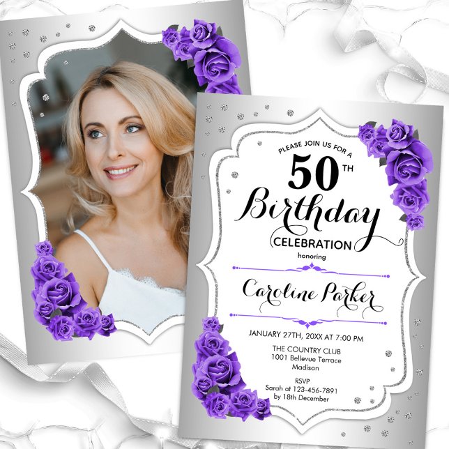 Invitation Elégante Silver White Purple Photo 50e anniversair (Créateur téléchargé)