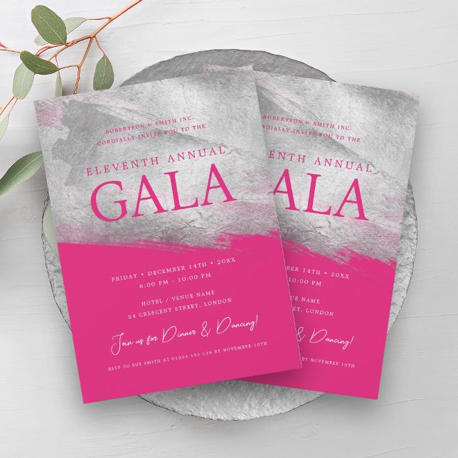 Invitation Elégante société GALA Silver Brush Hot Pink (Elegant GALA Company Silver Brush Hot Pink Invitation)