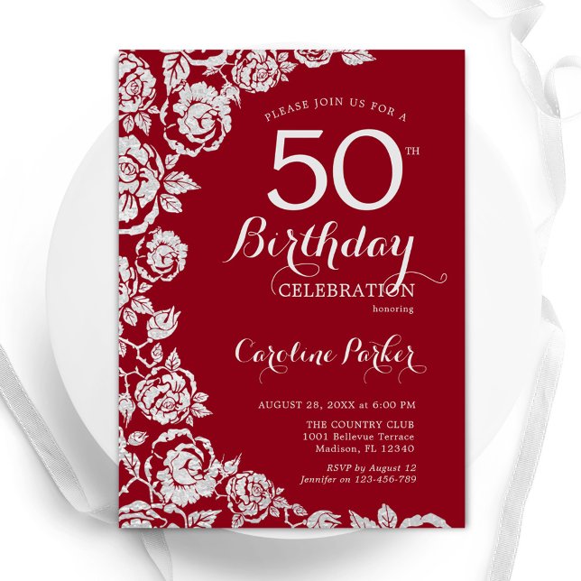 Invitation Élégante Soie Rouge Rose 50e fête d'anniversaire (Créateur téléchargé)