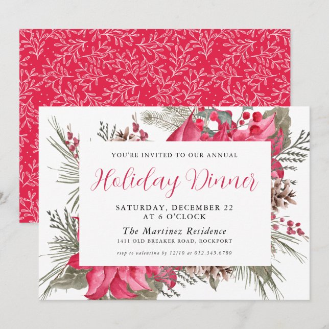 Invitation Elégante Soirée botanique de Noël Rouge Poinsettia (Devant / Derrière)