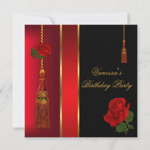 Invitation Élégante Soirée d'anniversaire Black Red Rose Gold