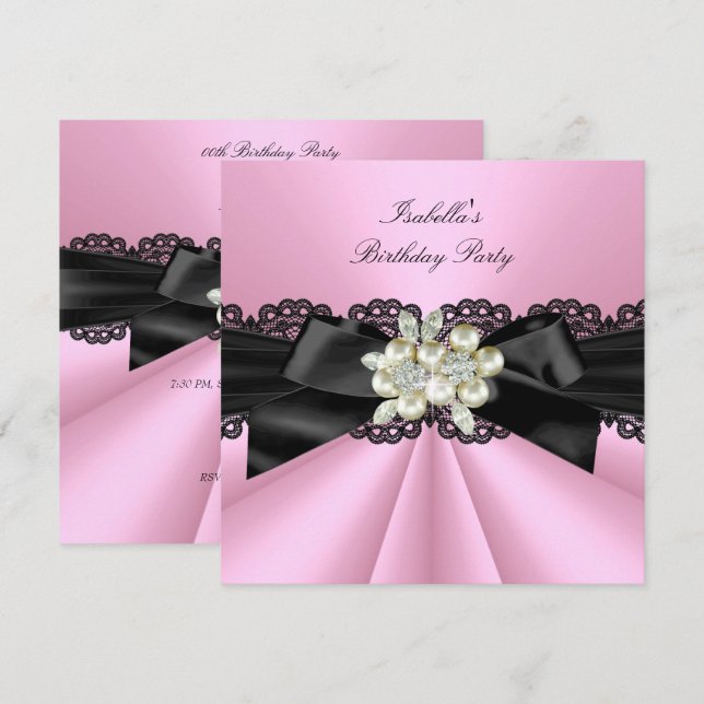 Invitation Elégante Soirée d'Anniversaire Pink Black Pearl (Devant / Derrière)
