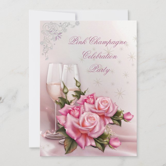 Invitation Élégante Soirée d'Anniversaire Rose au Champagne R (Devant)