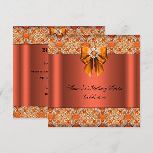 Invitation Élégante Soirée de Diamants de Bow Orange (Devant / Derrière)