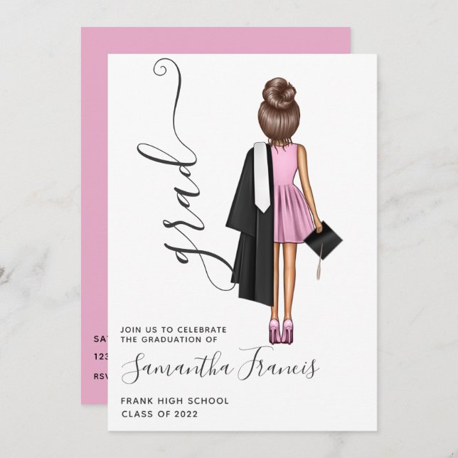 Invitation Élégante soirée de graduation rose et Brown fille (Devant / Derrière)