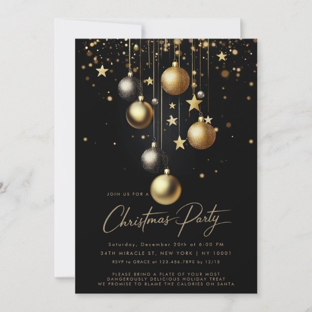 Invitation Élégante Soirée de Noël en or noir (Devant)
