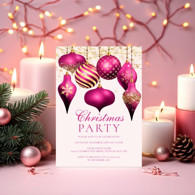Invitation Élégante Soirée de Noël en or rose chaud (Elegant Hot Pink Gold Ornaments Christmas Party Invitation)