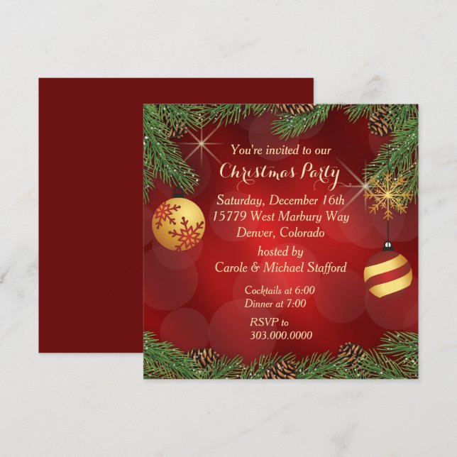Invitation Élégante Soirée de Noël Rouge Or (Devant / Derrière)