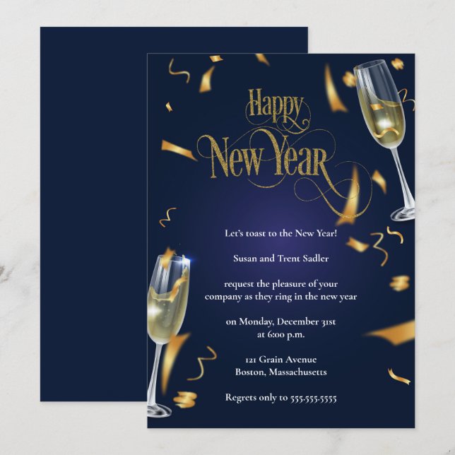 Invitation Élégante soirée de réveillon du Nouvel An bleu fon (Devant / Derrière)