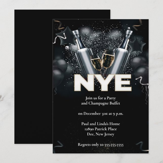 Invitation Élégante soirée de réveillon du Nouvel An noir (Devant / Derrière)