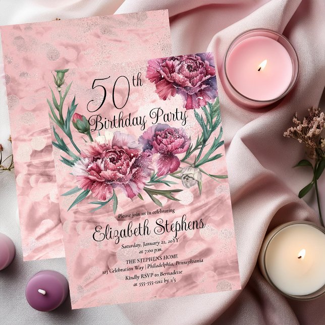 Invitation Elégante Soirée des oeillets roses 50e anniversair (Elegant Pink and Mauve Carnations 50th Birthday Party Invitation)