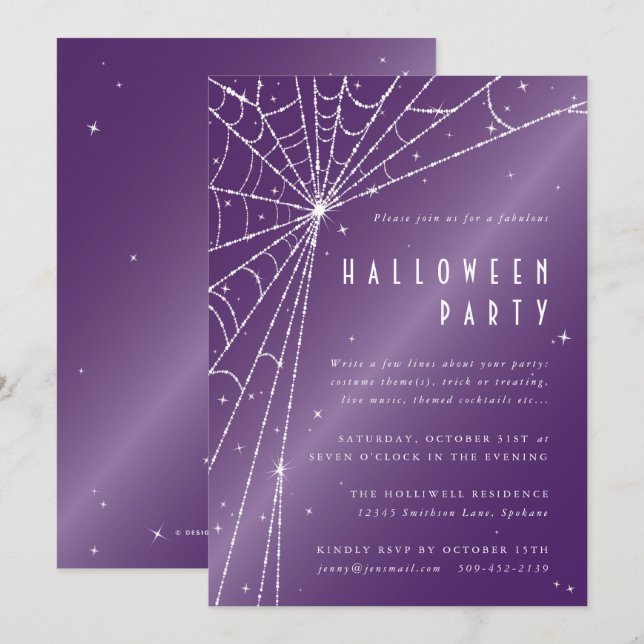 Invitation Élégante Soirée d'Halloween violet araignée Web (Devant / Derrière)