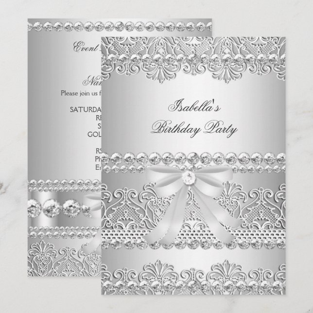 Invitation Elégante Soirée Diamant Blanc dentelle Anniversair (Devant / Derrière)