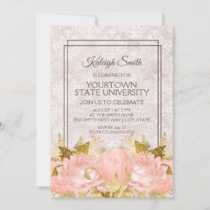 Invitation Élégante Soirée en ivoire fleurie d'or rose