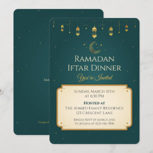 Invitation Élégante Soirée Iftar de Ramadan Vert Émeraude et 