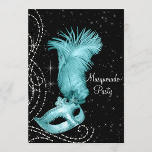 Invitation Élégante soirée masquée noire et bleu sarcelle
