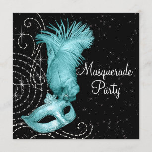 Invitation Élégante soirée masquée noire et bleue sarcelle
