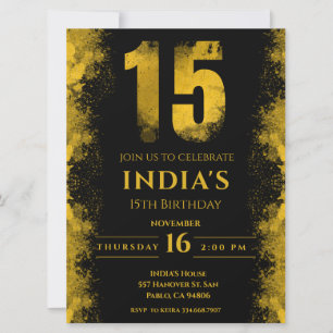 Invitation Élégante Soirée Noire et Or 15ème Anniversaire