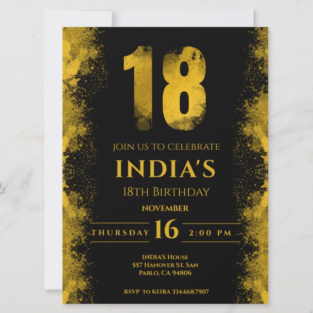 Invitation Élégante Soirée Noire et Or 18ème Anniversaire (Devant)