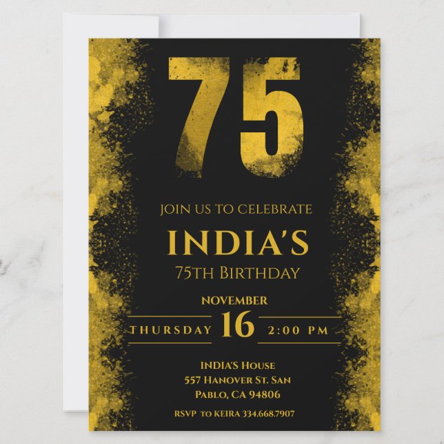 Invitation Elégante Soirée Noire et Or 75e anniversaire (Devant)