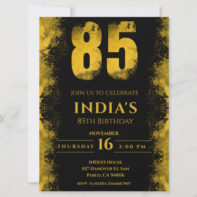 Invitation Elégante Soirée Noire et Or 85e anniversaire (Devant)
