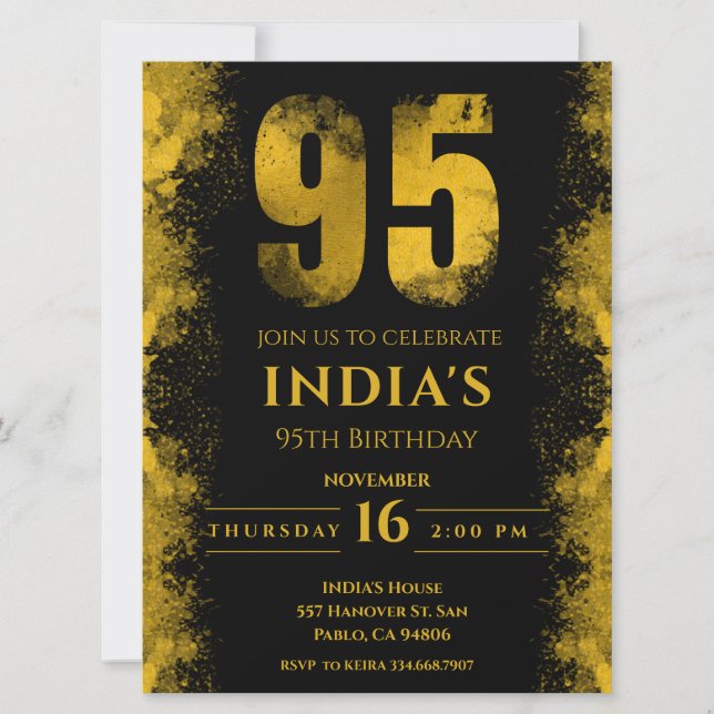 Invitation Elégante Soirée Noire et Or 95e anniversaire (Devant)