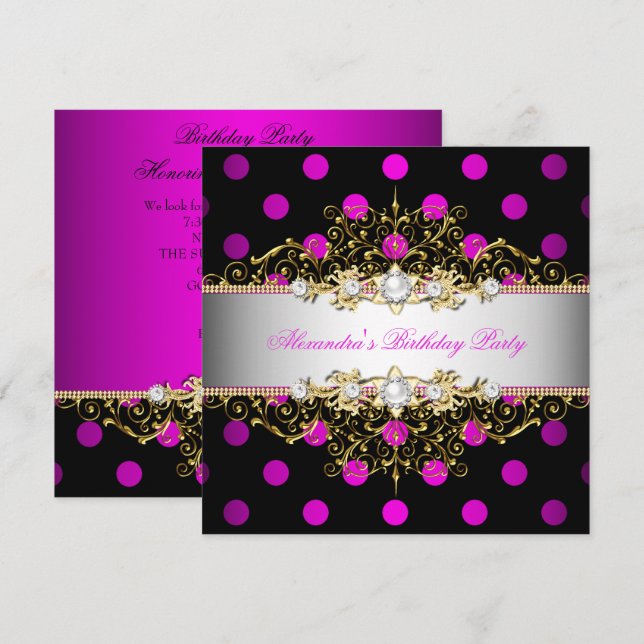 Invitation Élégante Soirée Pote Noire Rose Pink Or (Devant / Derrière)